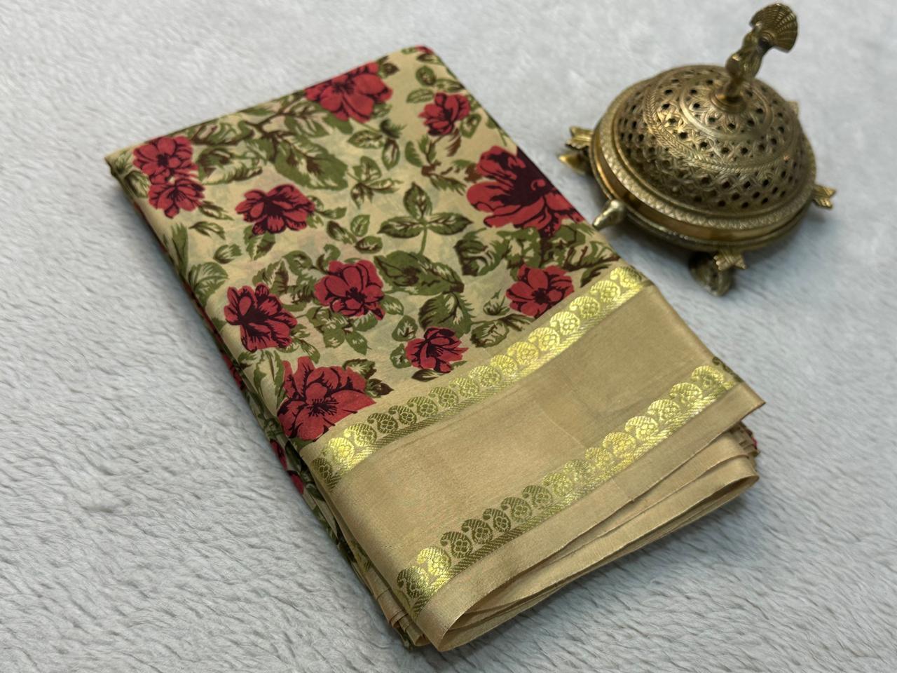 Radiate Elegance: Floral Printed Silk Sarees with Stylish Patta Pallu