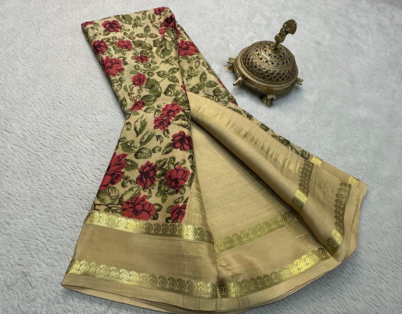 Radiate Elegance: Floral Printed Silk Sarees with Stylish Patta Pallu