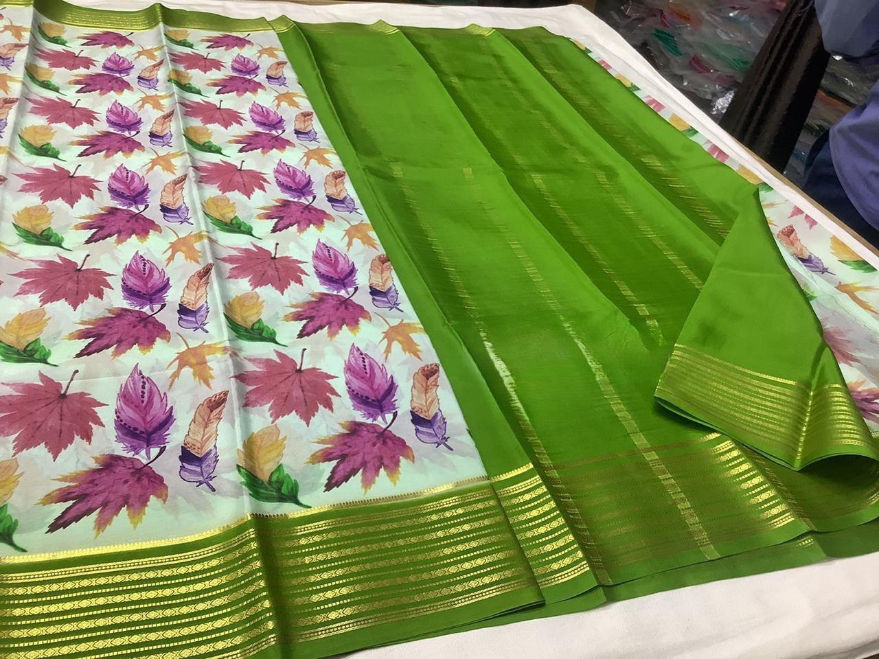 Vibrant Modern Printed Mysore Crepe Silk Saree with Blouse