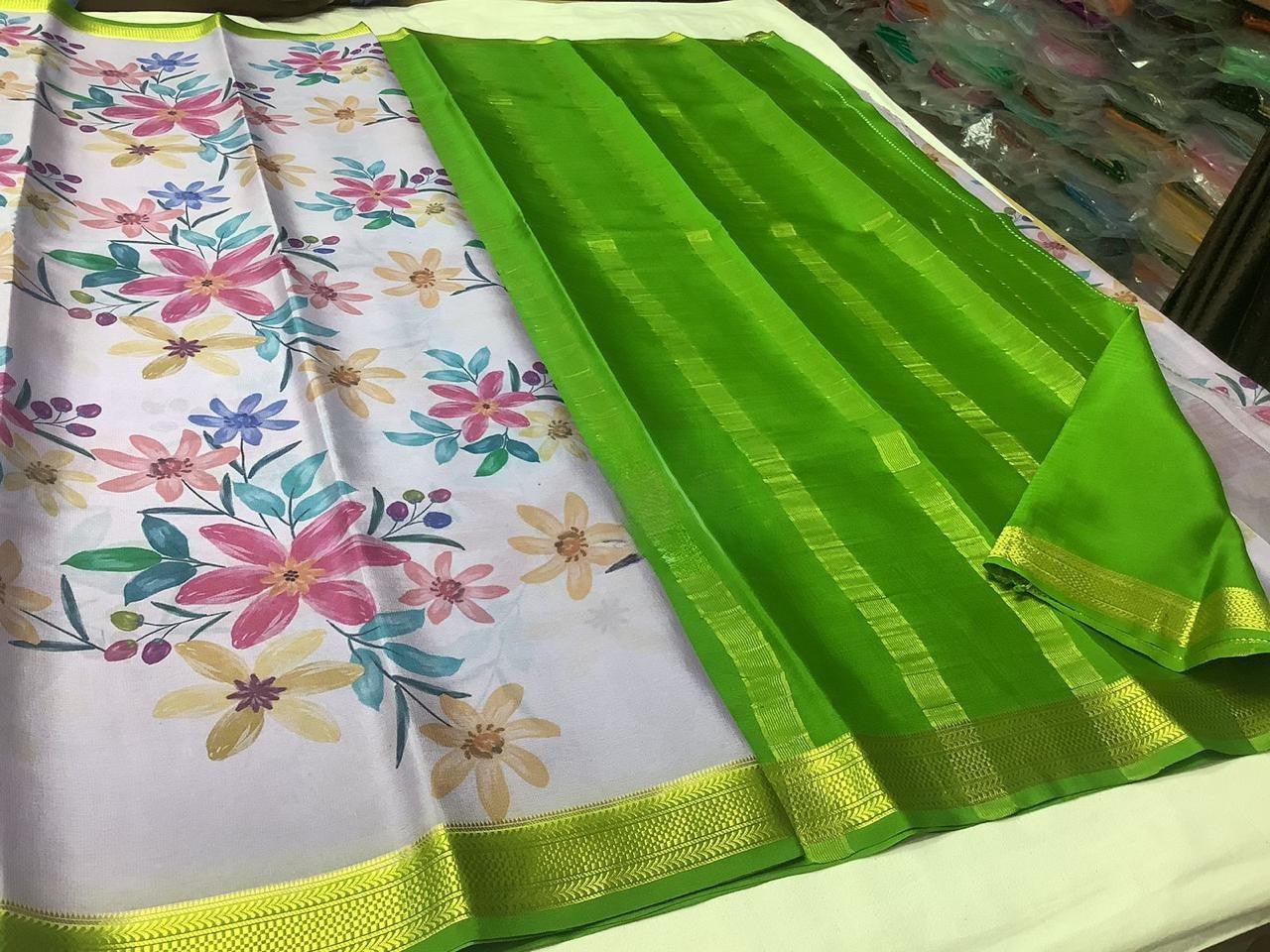 Stunning Modern Printed Mysore Crepe Silk with Contrast Pallu