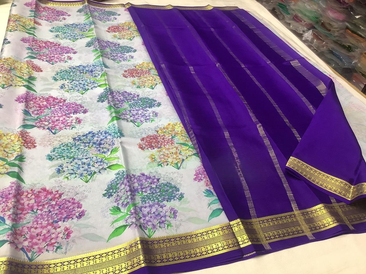 Gorgeous Modern Printed Mysore Crepe Silk Saree with Kanchi Border