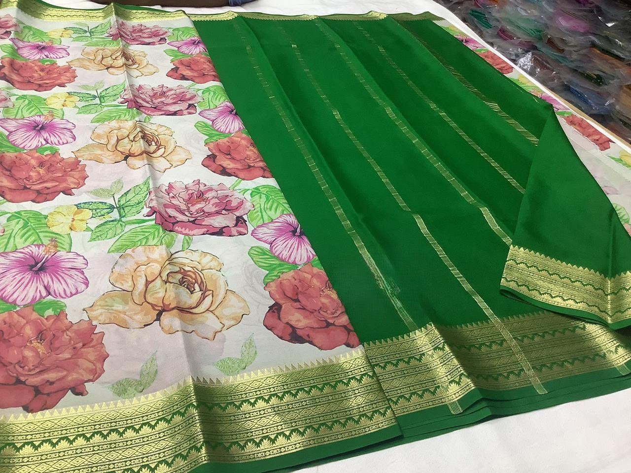 Exquisite Modern Printed Mysore Crepe Silk with Contrast Pallu