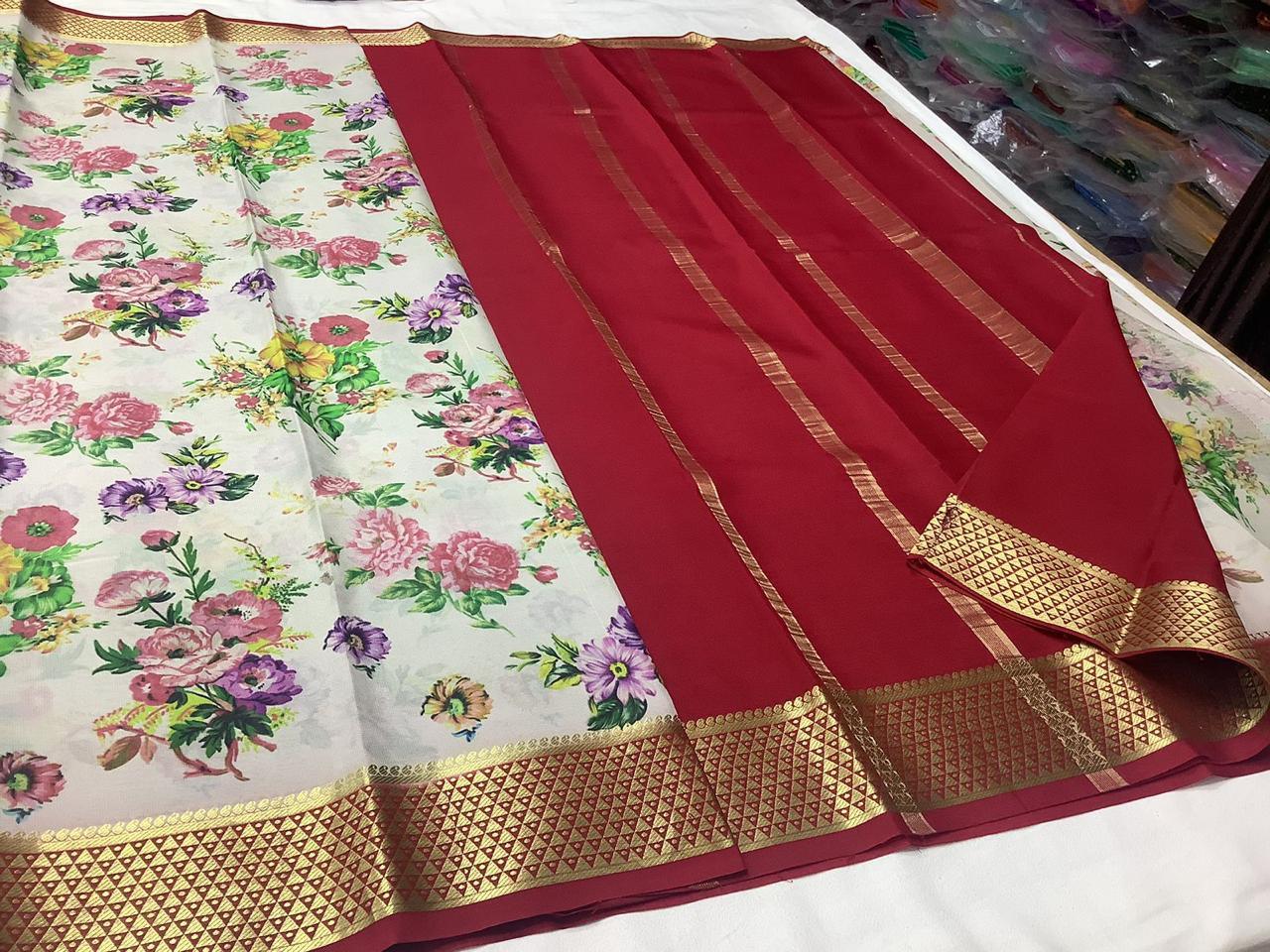 Luxurious Modern Printed Mysore Crepe Silk with Contrast Pallu