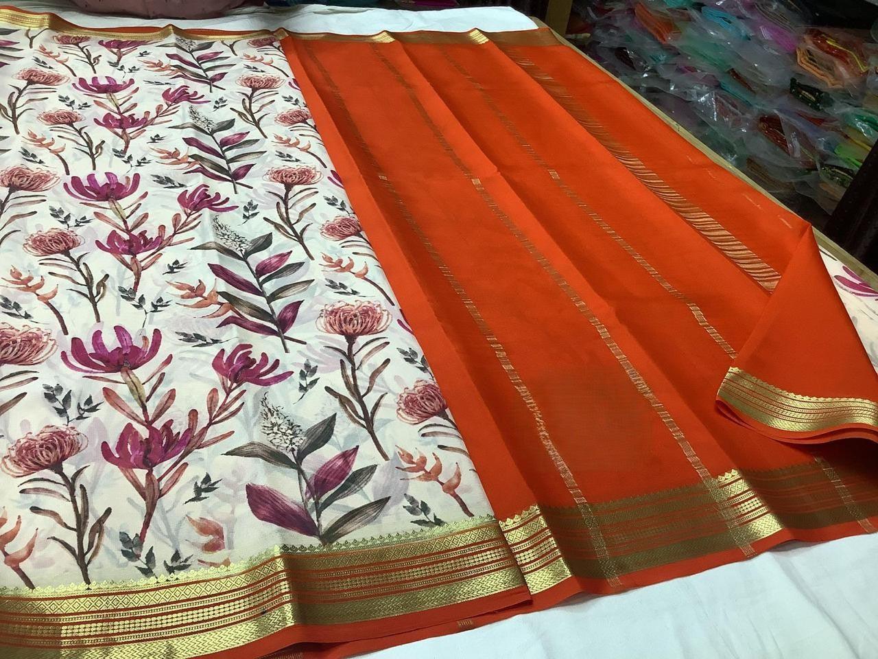 Elegant Modern Printed Mysore Crepe Silk with Kanchi Border
