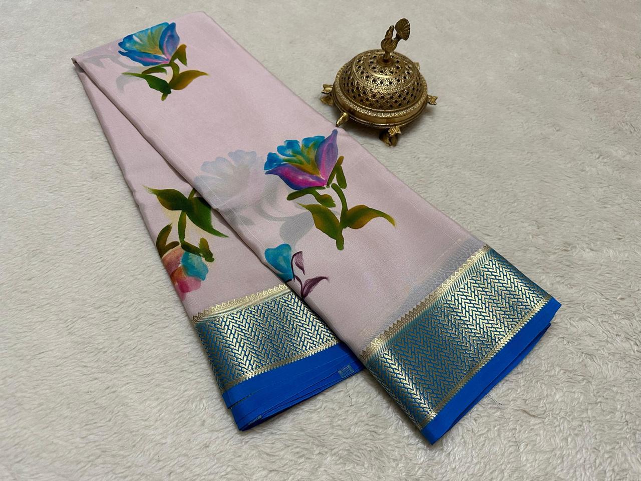 Fashion-Forward Modern Printed Mysore Crepe Silk with Kanchi Border