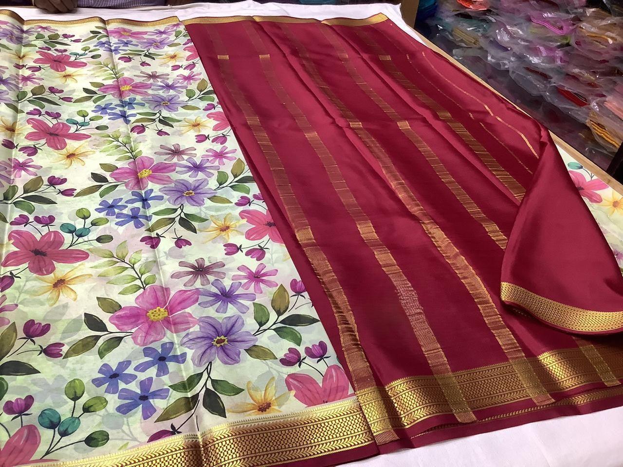 Trendsetting Modern Printed Mysore Crepe Silk with Blouse
