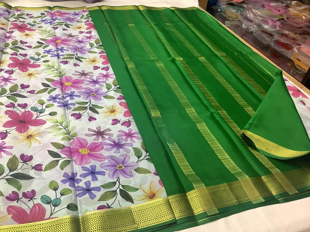 Mesmerizing Modern Printed Mysore Crepe Silk with Kanchi Border