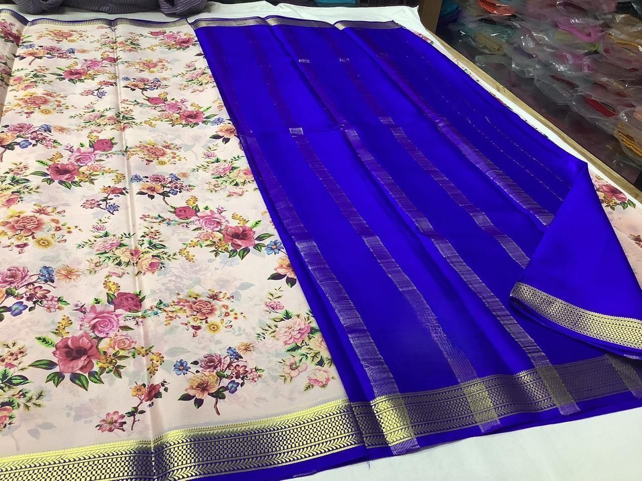 Captivating Modern Printed Mysore Crepe Silk with Contrast Pallu