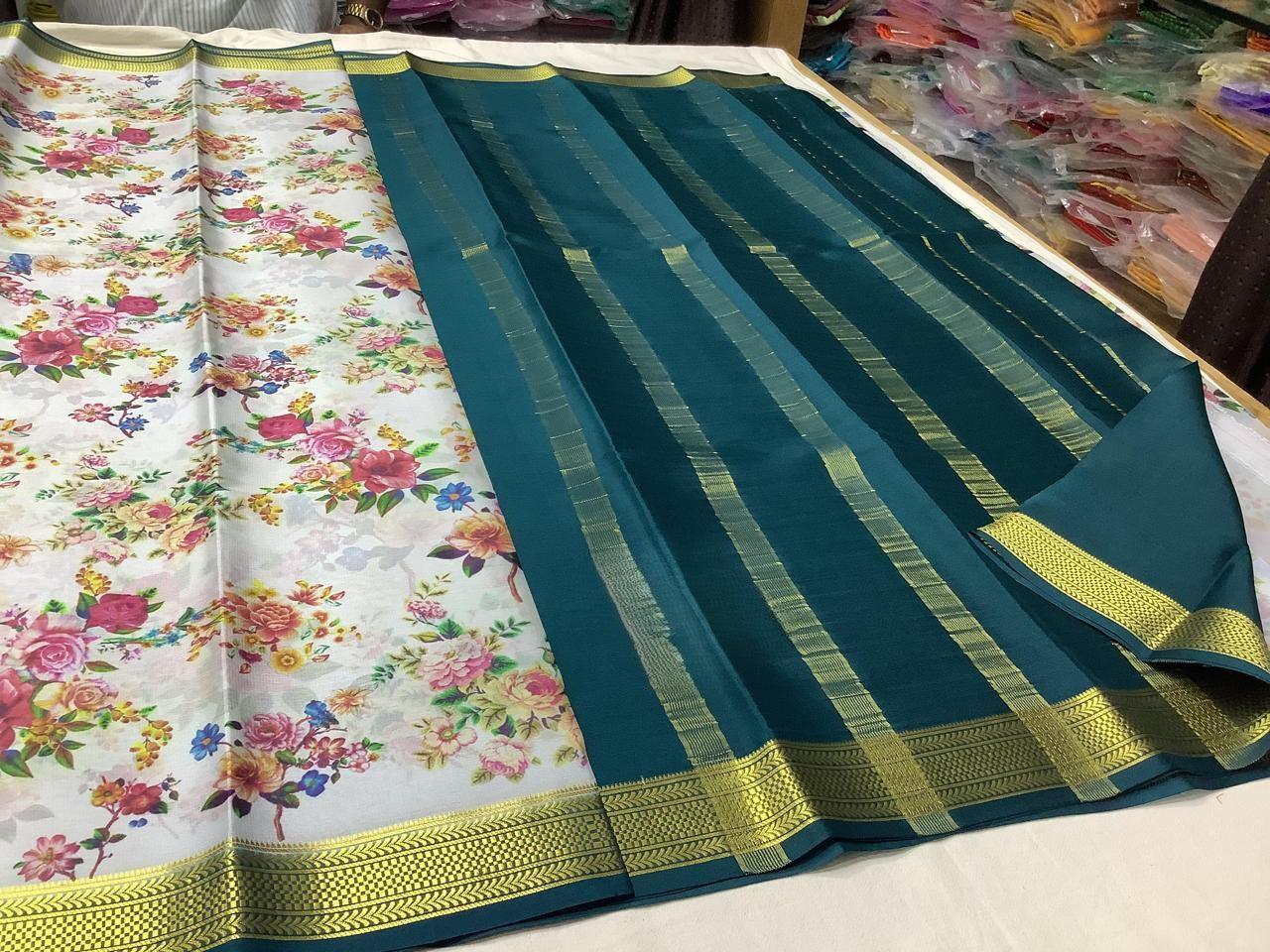 Impressive Modern Printed Mysore Crepe Silk with Contrast Pallu