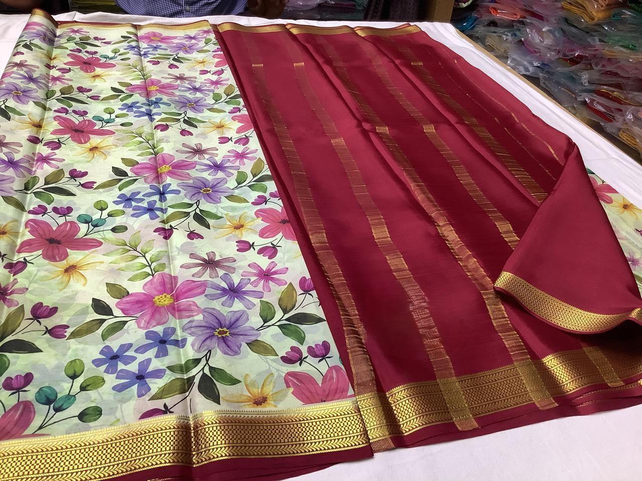 Elegant Modern Printed Mysore Crepe Silk with Contrast Pallu