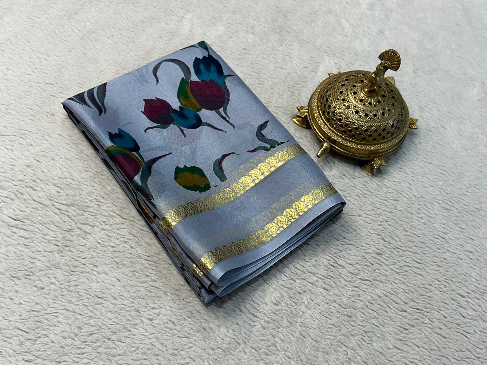 Printed Mysore Silk Sarees with Floral Designs and Patta Pallu