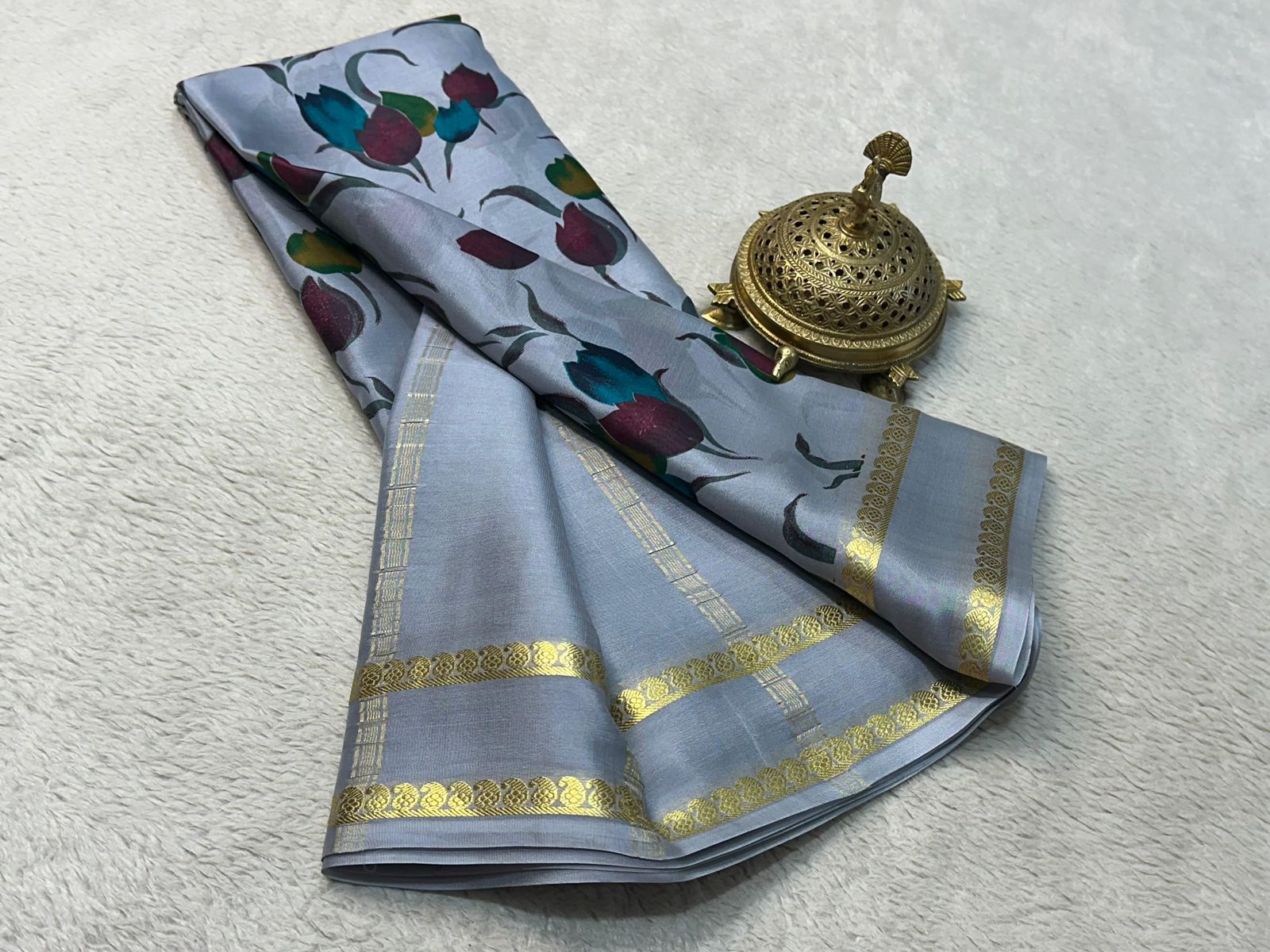Printed Mysore Silk Sarees with Floral Designs and Patta Pallu