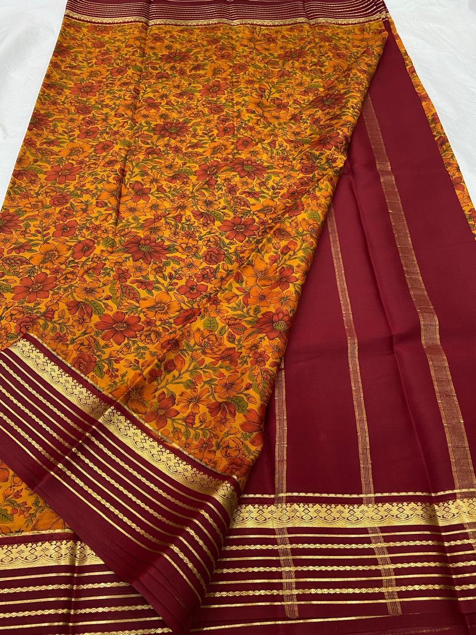 Traditional Kalamkari Crepe Silk Sarees with Line Pallu