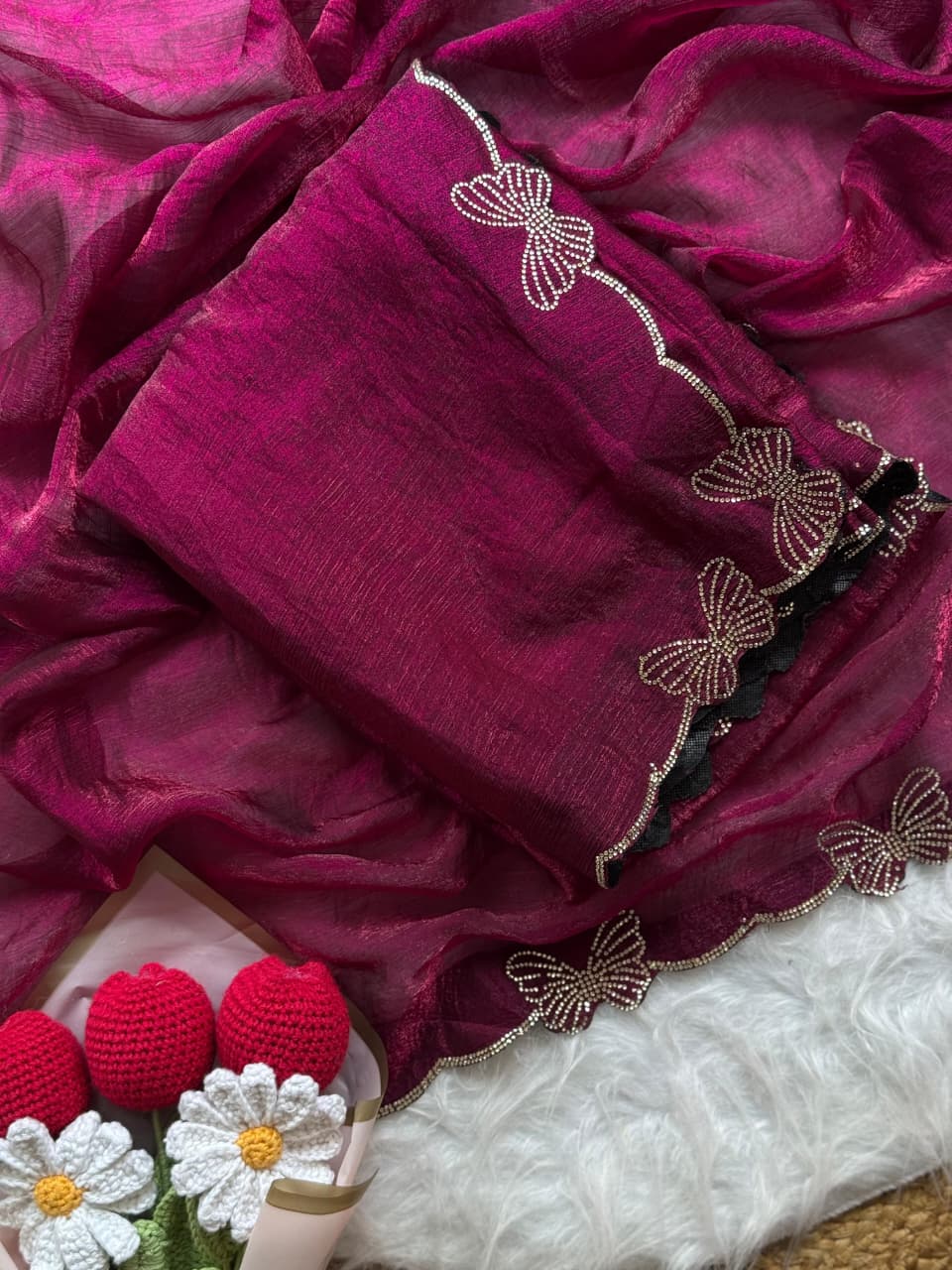 Beautiful Butterfly Jarkan Work Saree with Stone Pallu