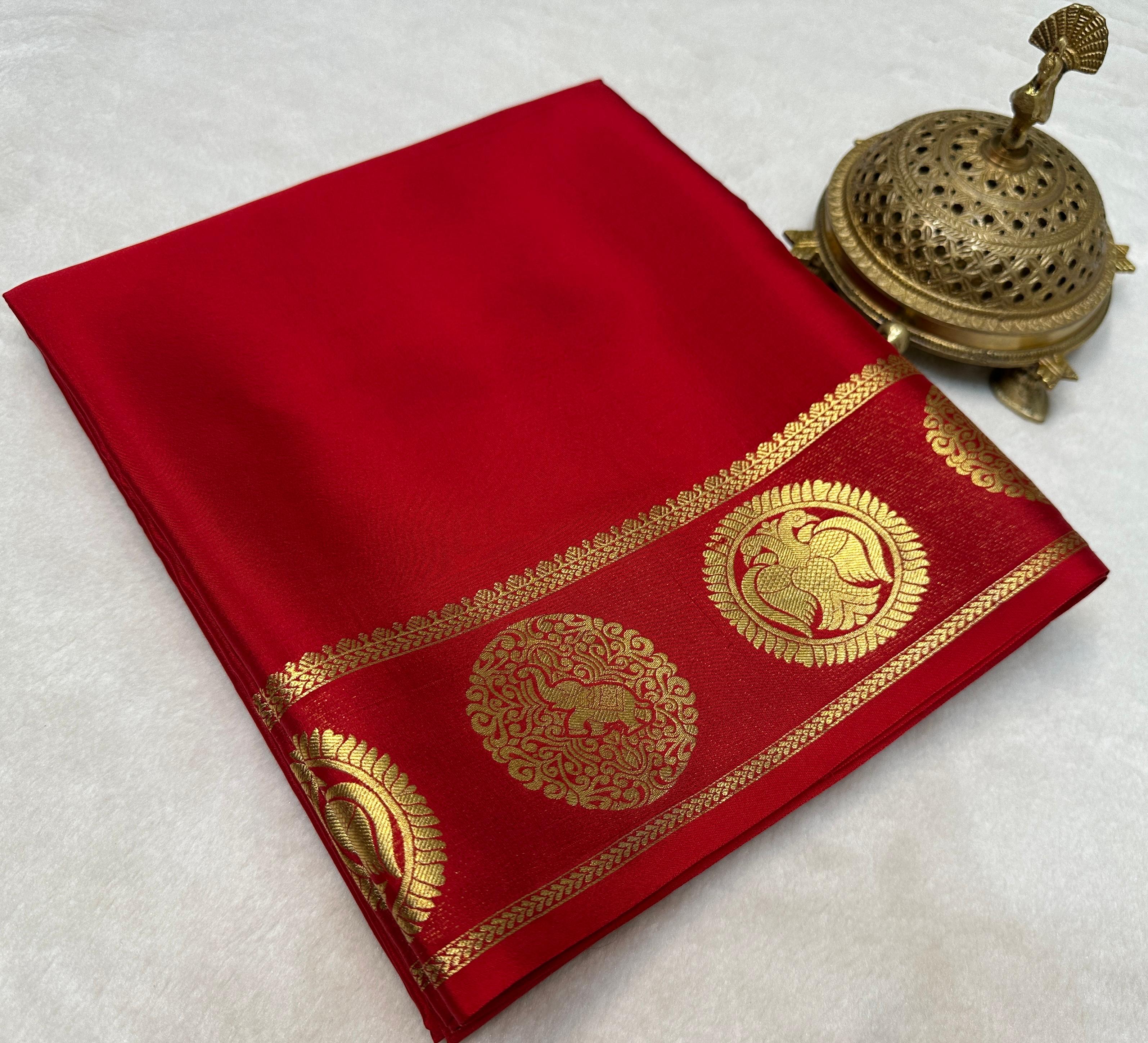 Pure Soft Silk Saree with Gandaberunda & Elephant Design Border