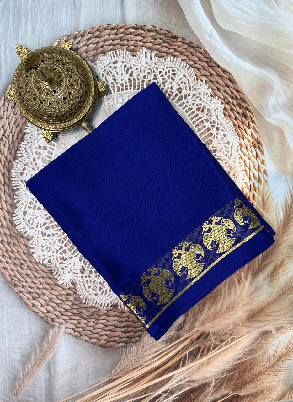 Premium Solid Color Mysore Silk Saree – Semi-Soft with Peacock Border