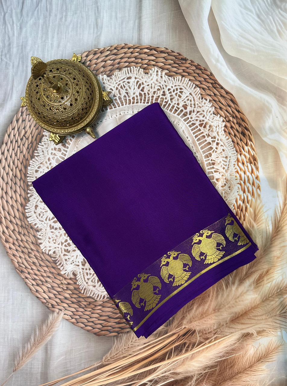 Premium Solid Color Mysore Silk Saree – Semi-Soft with Peacock Border