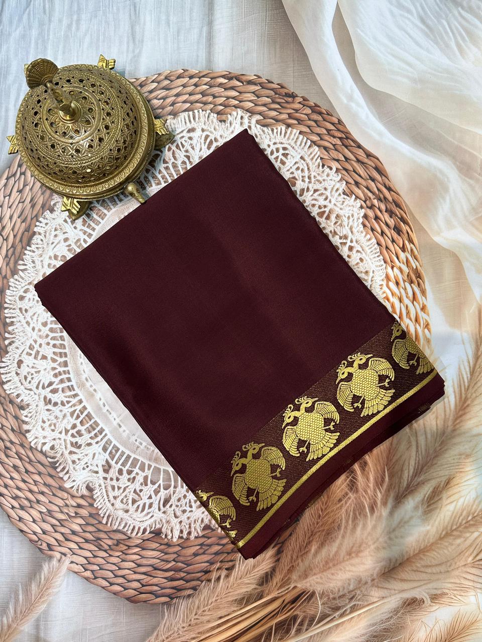 Premium Solid Color Mysore Silk Saree – Semi-Soft with Peacock Border