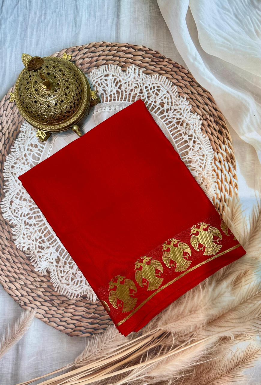Premium Solid Color Mysore Silk Saree – Semi-Soft with Peacock Border