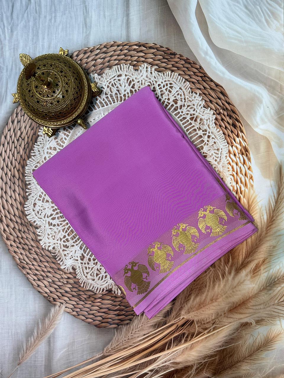 Soft Mysore Silk Sarees – Peacock Lines Border in Beautiful Solid Tones