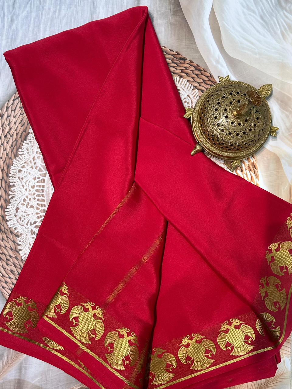 Premium Solid Color Mysore Silk Saree – Semi-Soft with Peacock Border