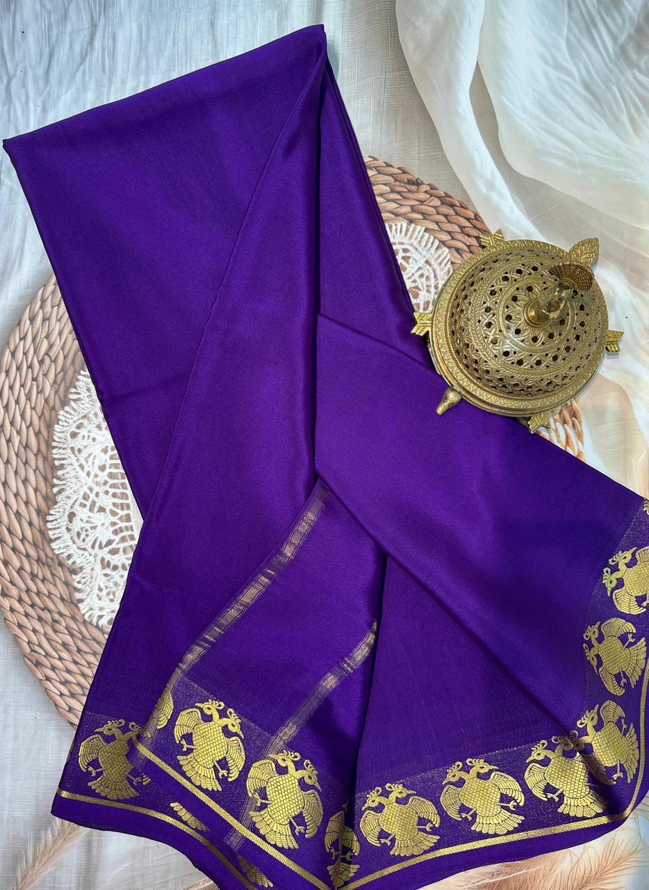 Premium Solid Color Mysore Silk Saree – Semi-Soft with Peacock Border