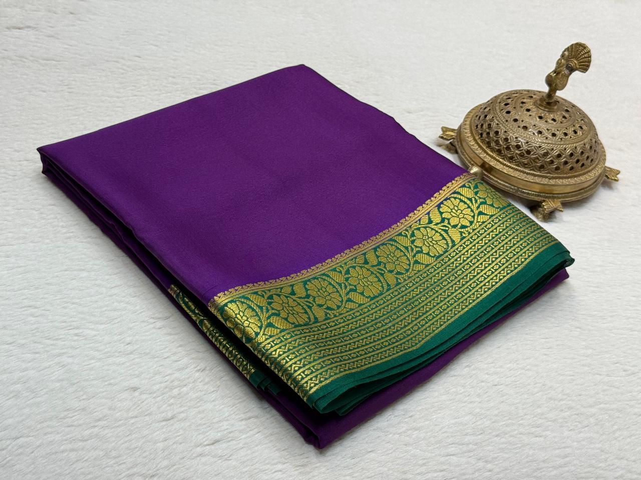 Premium Mysore Silk Saree Featuring Floral-Lines Border and Stunning Solid & Contrast Hues