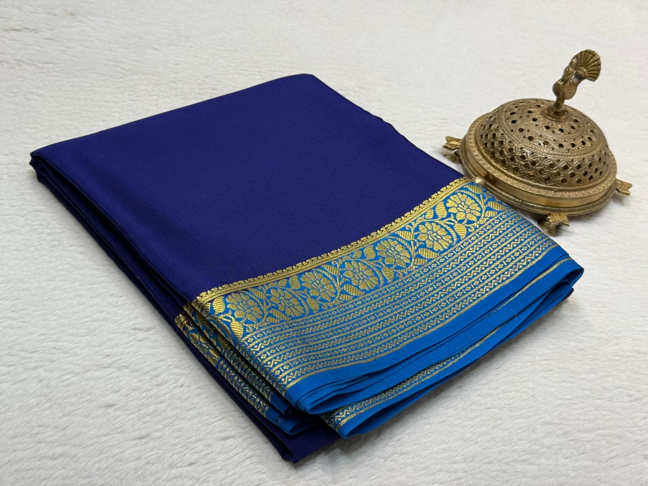 Premium Mysore Silk Saree Featuring Floral-Lines Border and Stunning Solid & Contrast Hues
