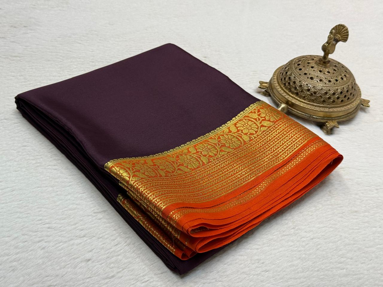 Premium Mysore Silk Saree Featuring Floral-Lines Border and Stunning Solid & Contrast Hues