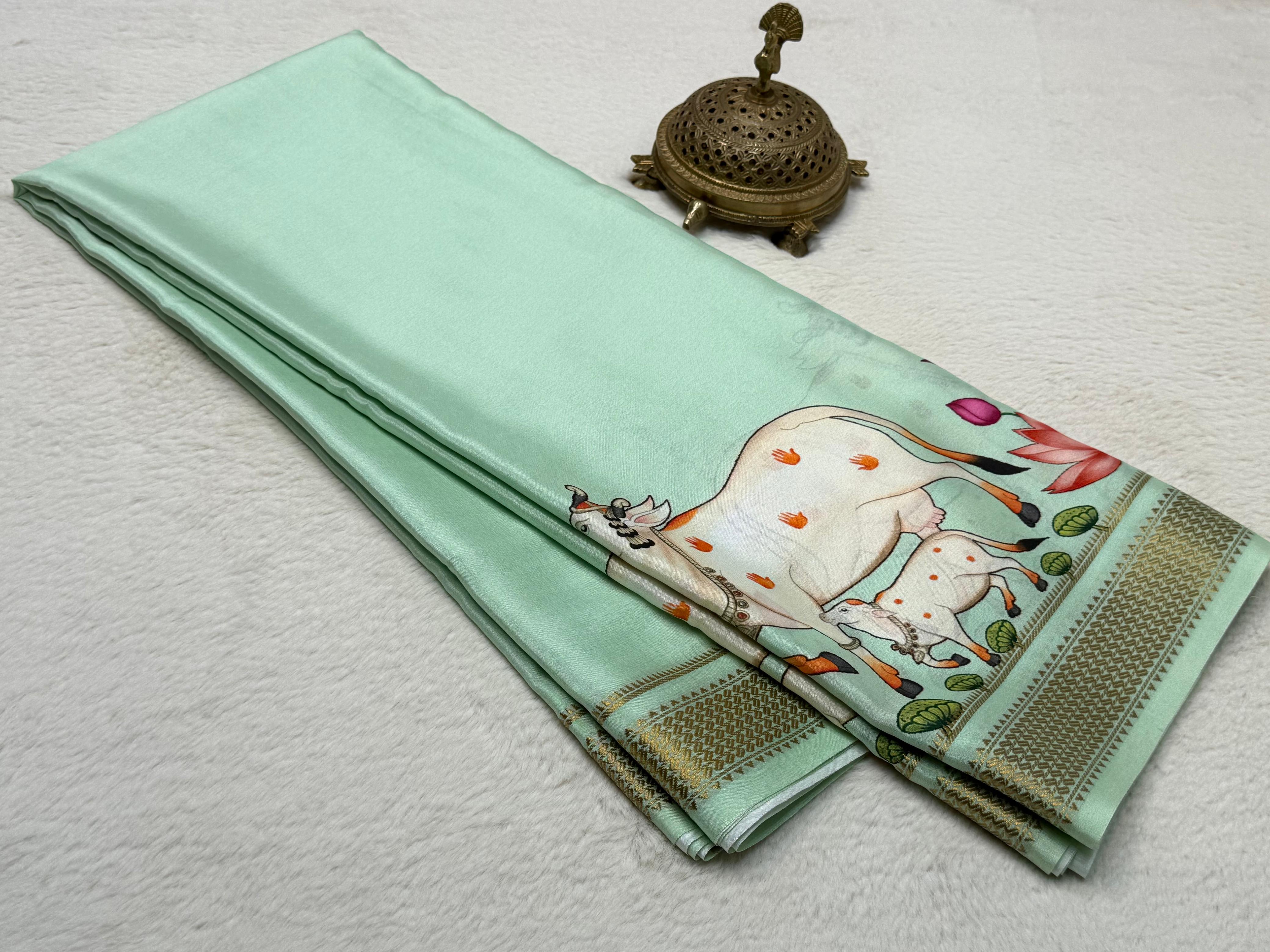 Sacred Cow Motif Hand Illustrated Silk Blend Saree with Traditional Gold Woven Border