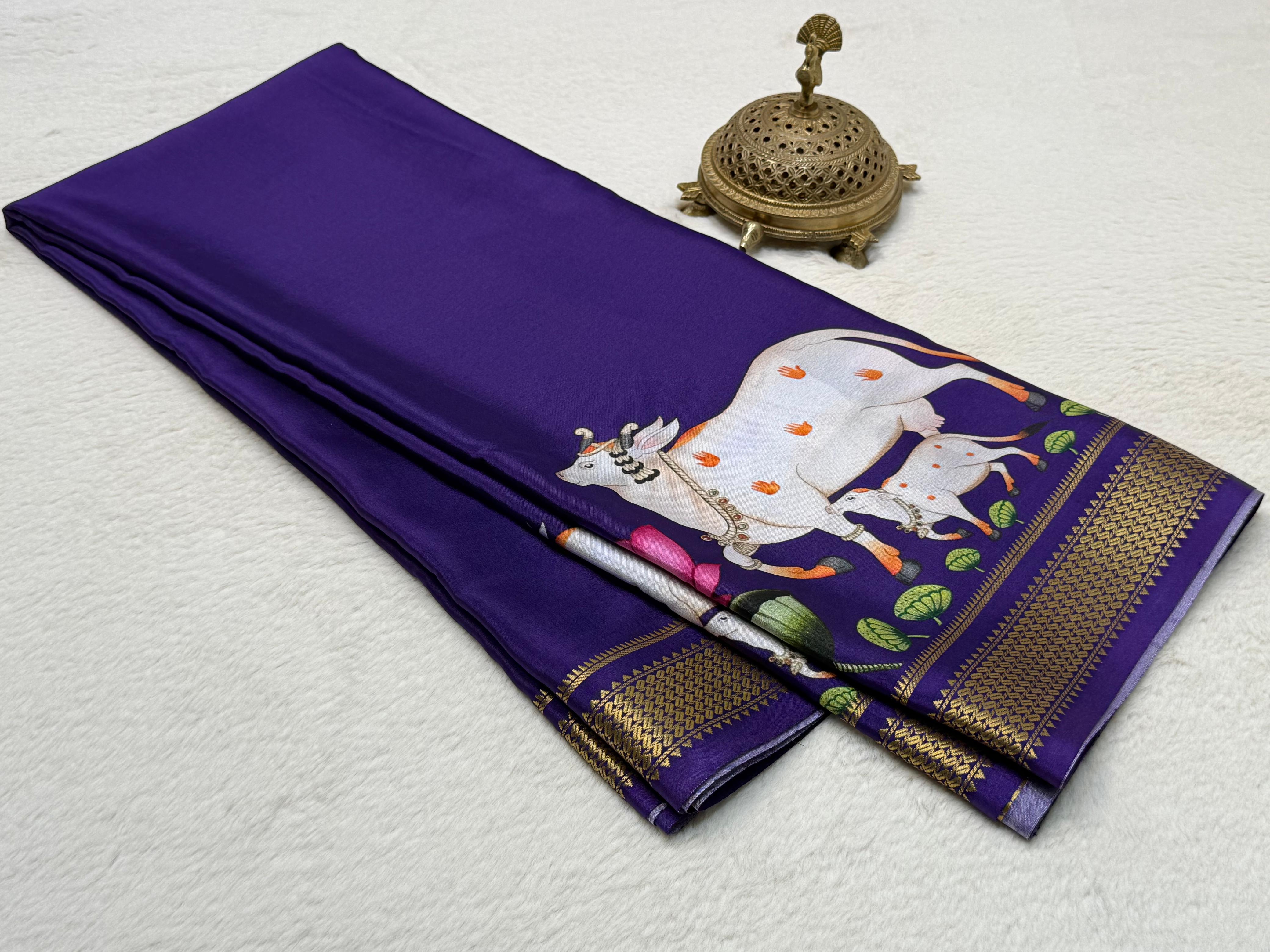 Hand Illustrated Sacred Cow Motif Silk Blend Saree with Traditional Gold Woven Border