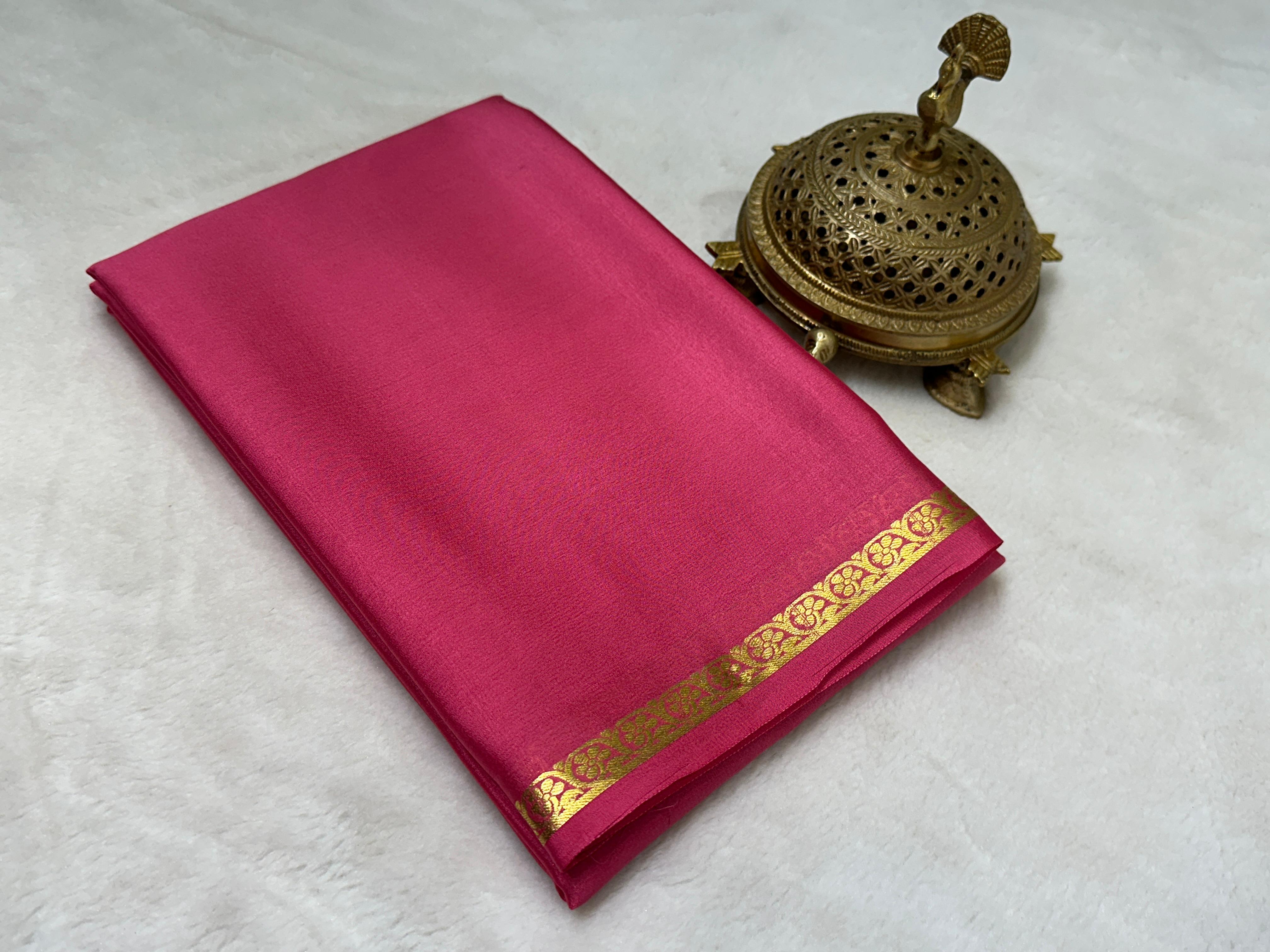 Elegant Solid Silk Blend Saree Featuring Rich Traditional Gold  Border