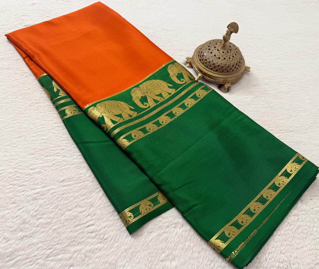 Semi Crepe Silk Saree with Traditional Elephant Bentex Border | Contrast Color Combination | 120 GSM | Party & Festival Wear
