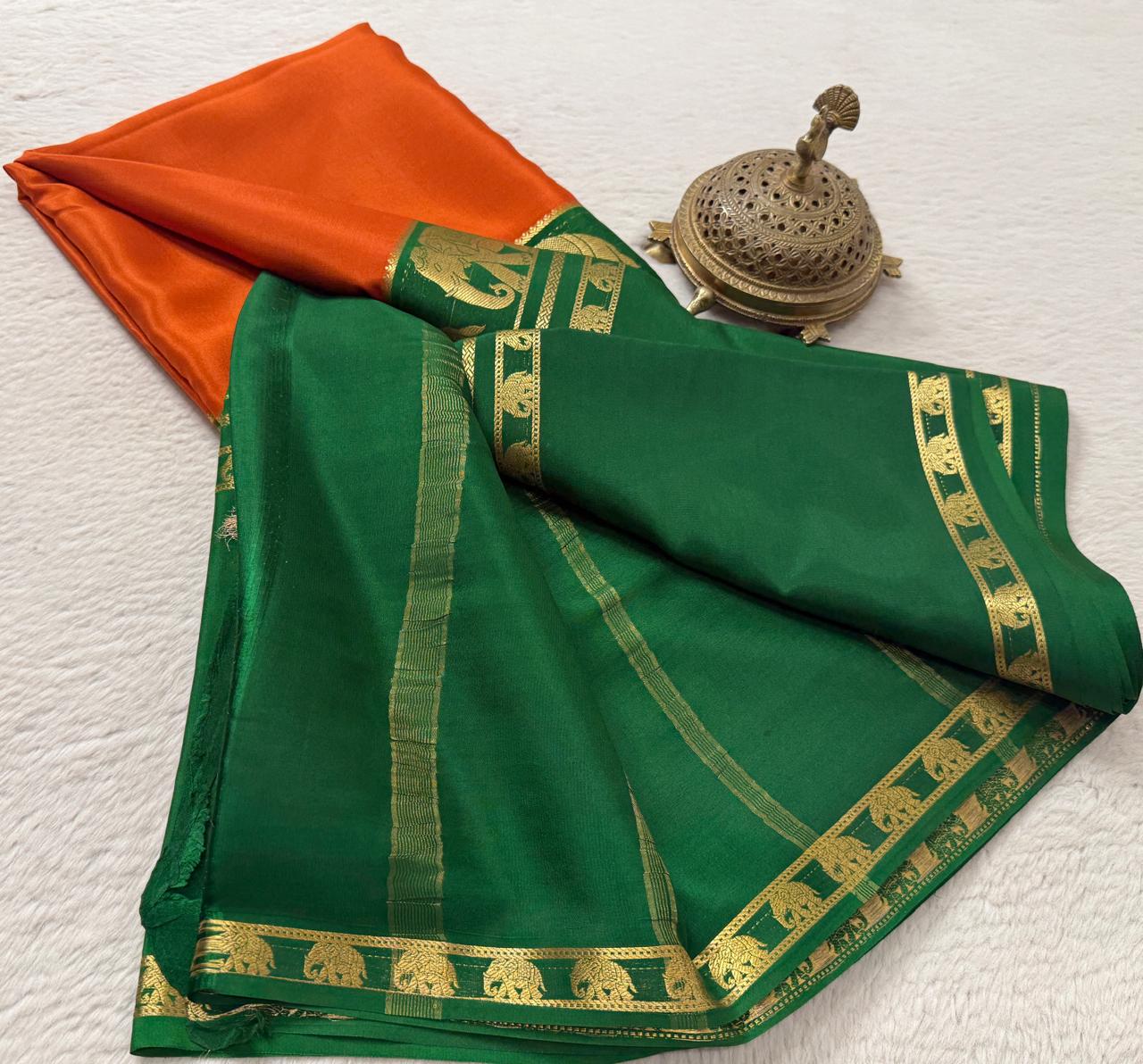 Semi Crepe Silk Saree with Traditional Elephant Bentex Border | Contrast Color Combination | 120 GSM | Party & Festival Wear
