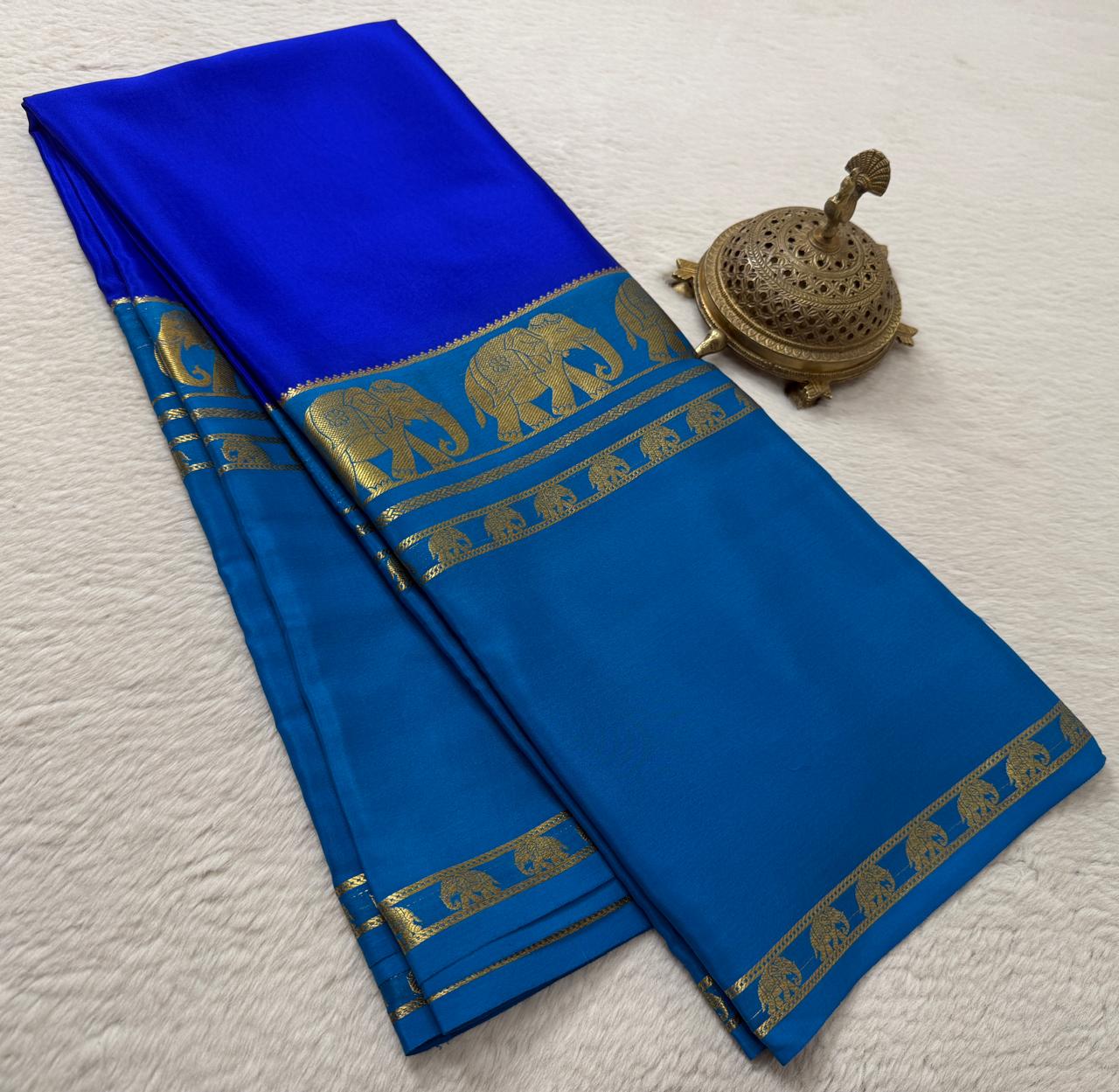 Semi Crepe Silk Saree with Traditional Elephant Bentex Border | Contrast Color Combination | 120 GSM | Party & Festival Wear