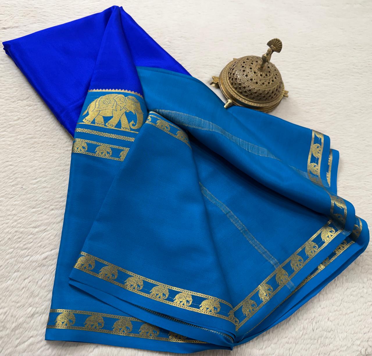 Semi Crepe Silk Saree with Traditional Elephant Bentex Border | Contrast Color Combination | 120 GSM | Party & Festival Wear