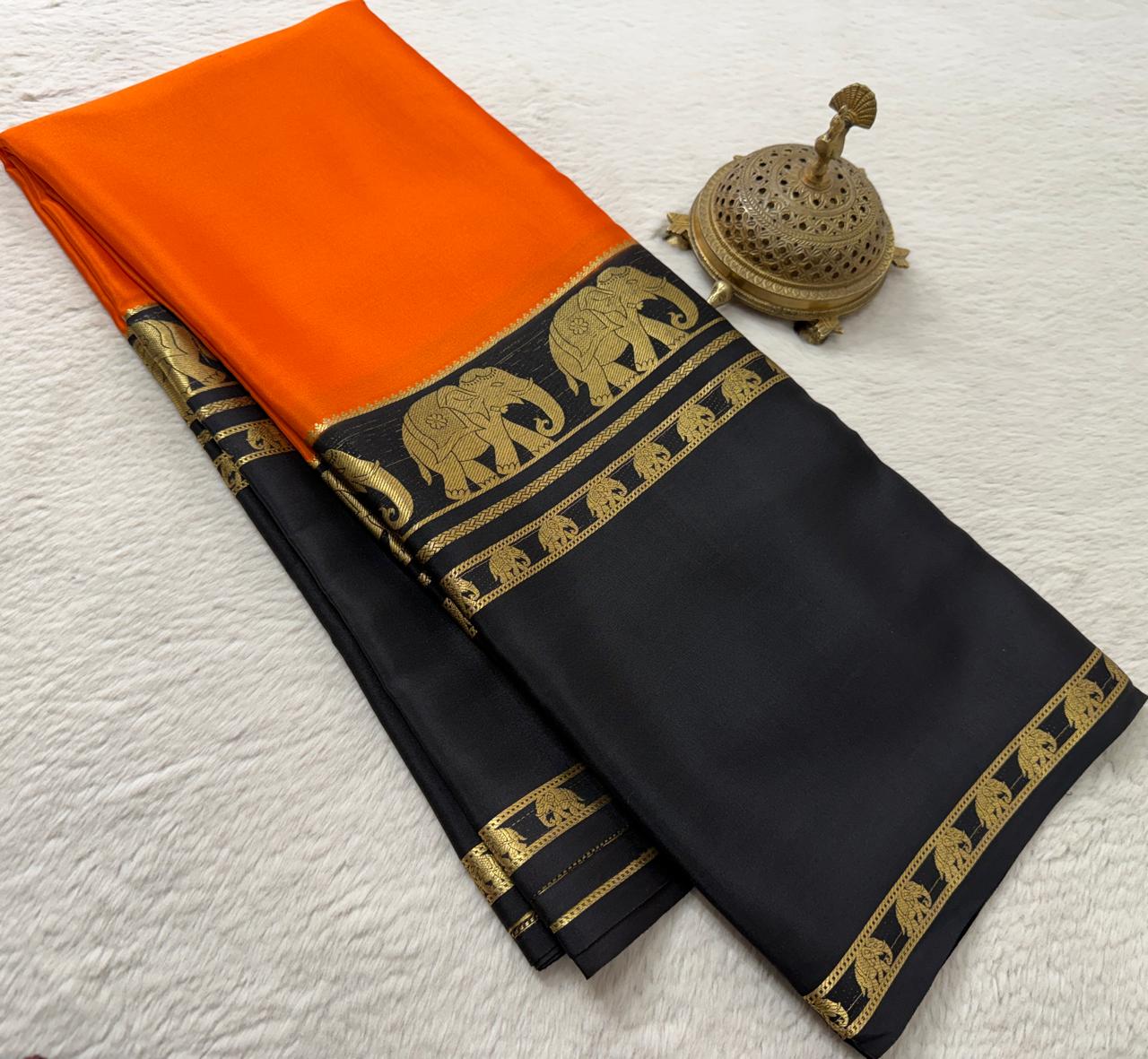 Semi Crepe Silk Saree with Traditional Elephant Bentex Border | Contrast Color Combination | 120 GSM | Party & Festival Wear