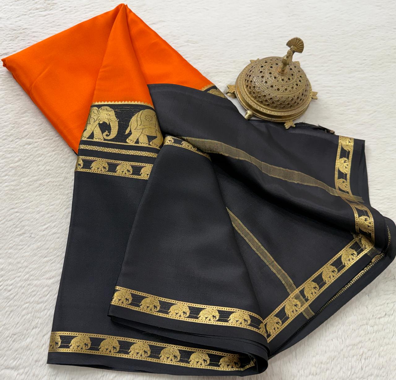 Semi Crepe Silk Saree with Traditional Elephant Bentex Border | Contrast Color Combination | 120 GSM | Party & Festival Wear
