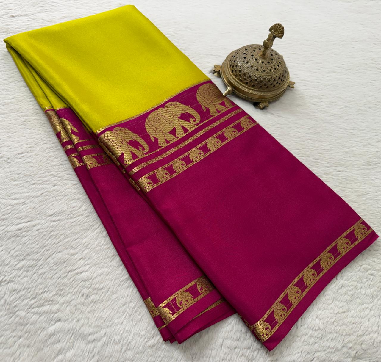 Semi Crepe Silk Saree with Traditional Elephant Bentex Border | Contrast Color Combination | 120 GSM | Party & Festival Wear