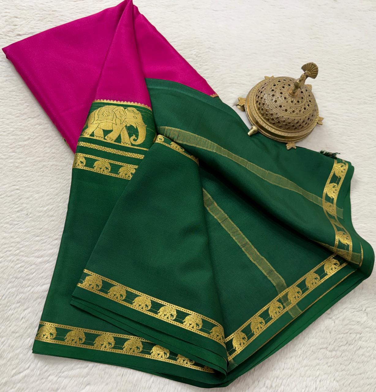 Semi Crepe Silk Saree with Traditional Elephant Bentex Border | Contrast Color Combination | 120 GSM | Party & Festival Wear