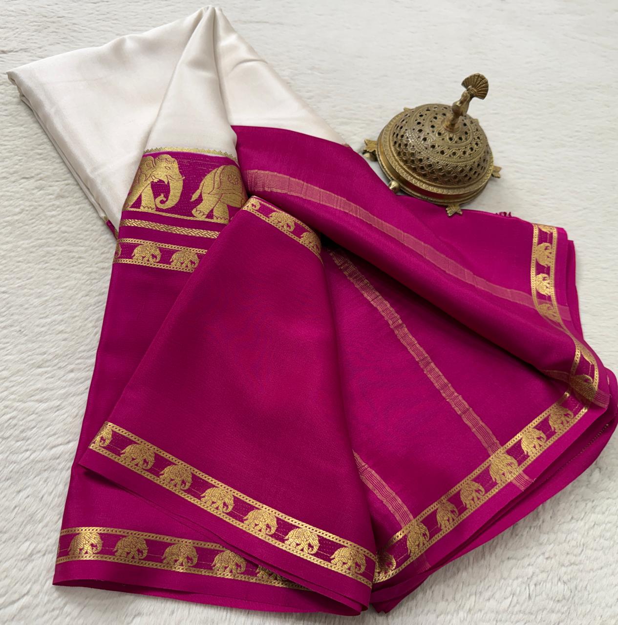 Semi Crepe Silk Saree with Traditional Elephant Bentex Border | Contrast Color Combination | 120 GSM | Party & Festival Wear