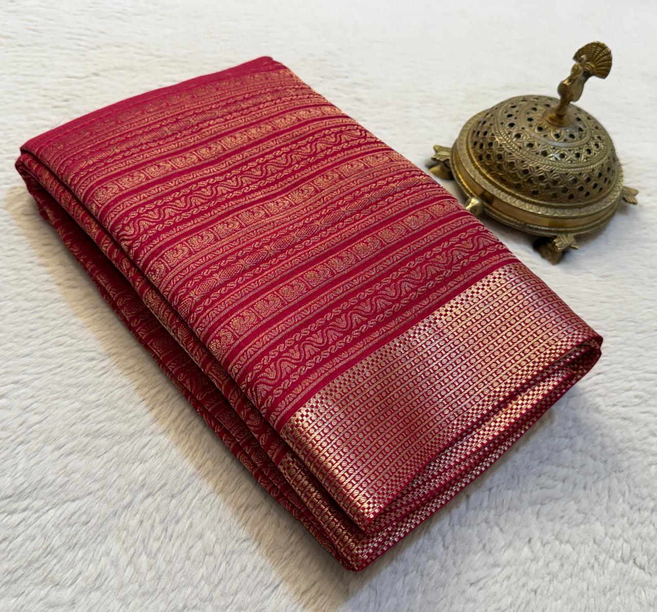 Brocade Semi Silk Bridal Saree with Rich Pallu – Peacock Motifs & Salari Stripes Design