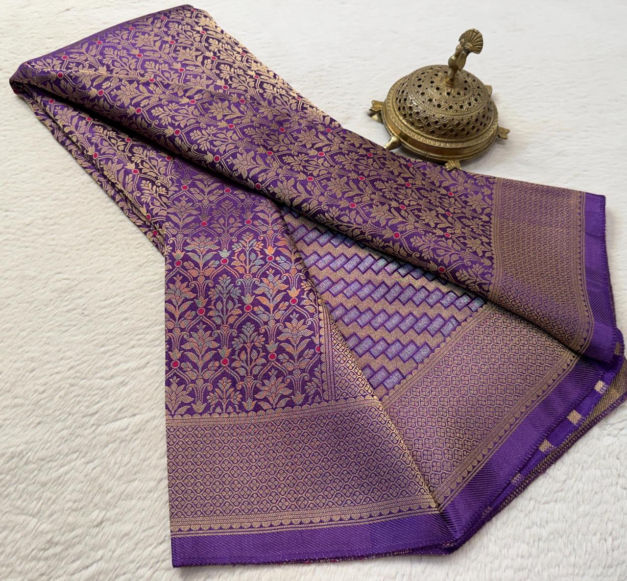 Soft Brocade Silk Saree with Meenakari Zari Weaving – Rich Pallu & Butta Blouse