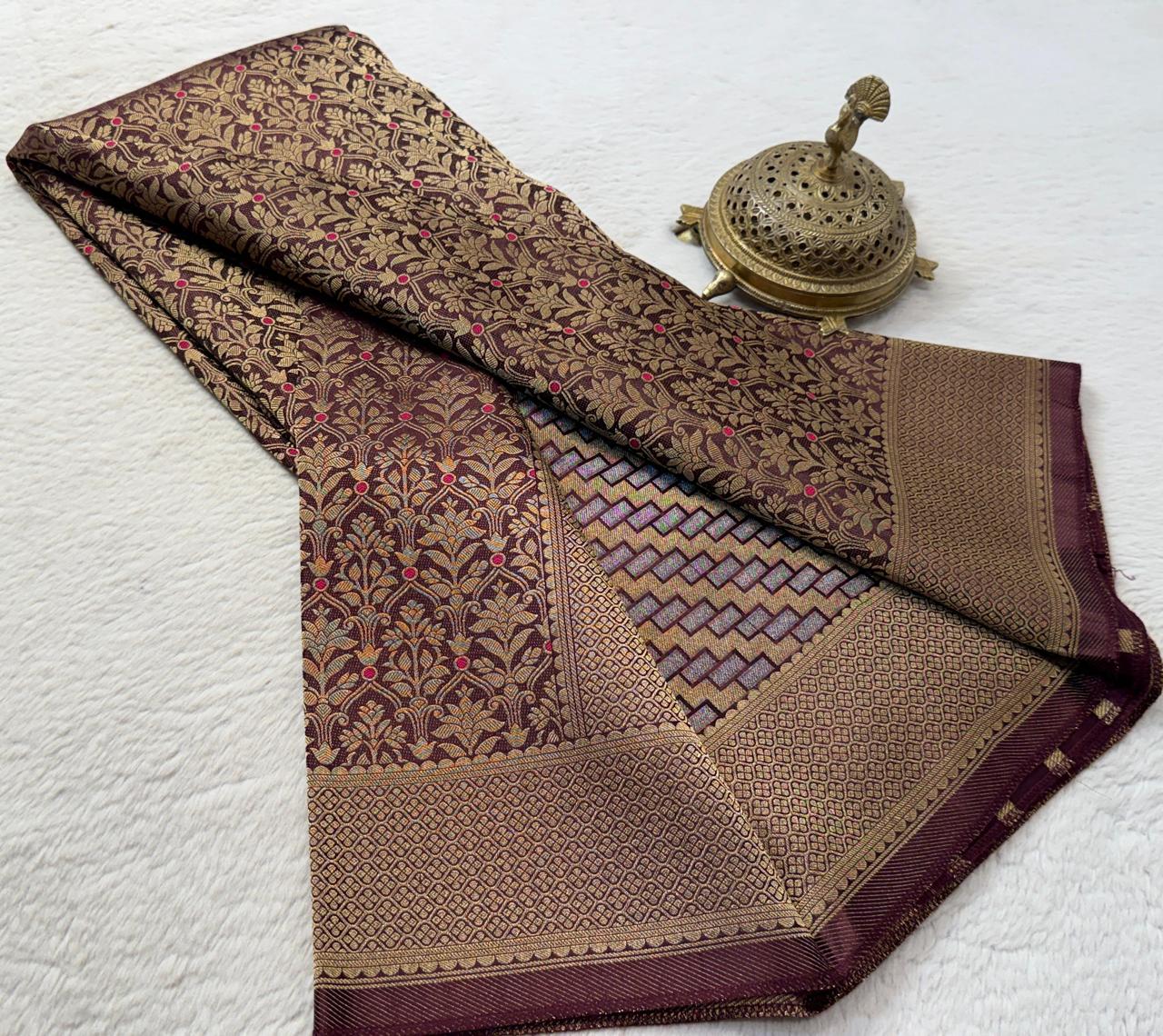 Soft Brocade Silk Saree with Meenakari Zari Weaving – Rich Pallu & Butta Blouse