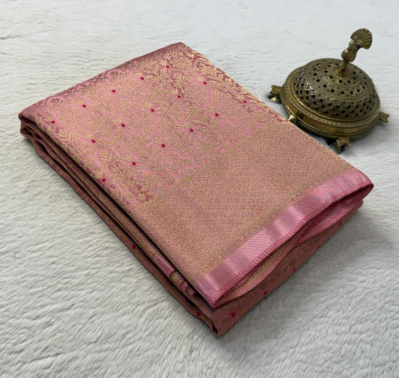 Soft Brocade Silk Saree with Meenakari Zari Weaving – Rich Pallu & Butta Blouse