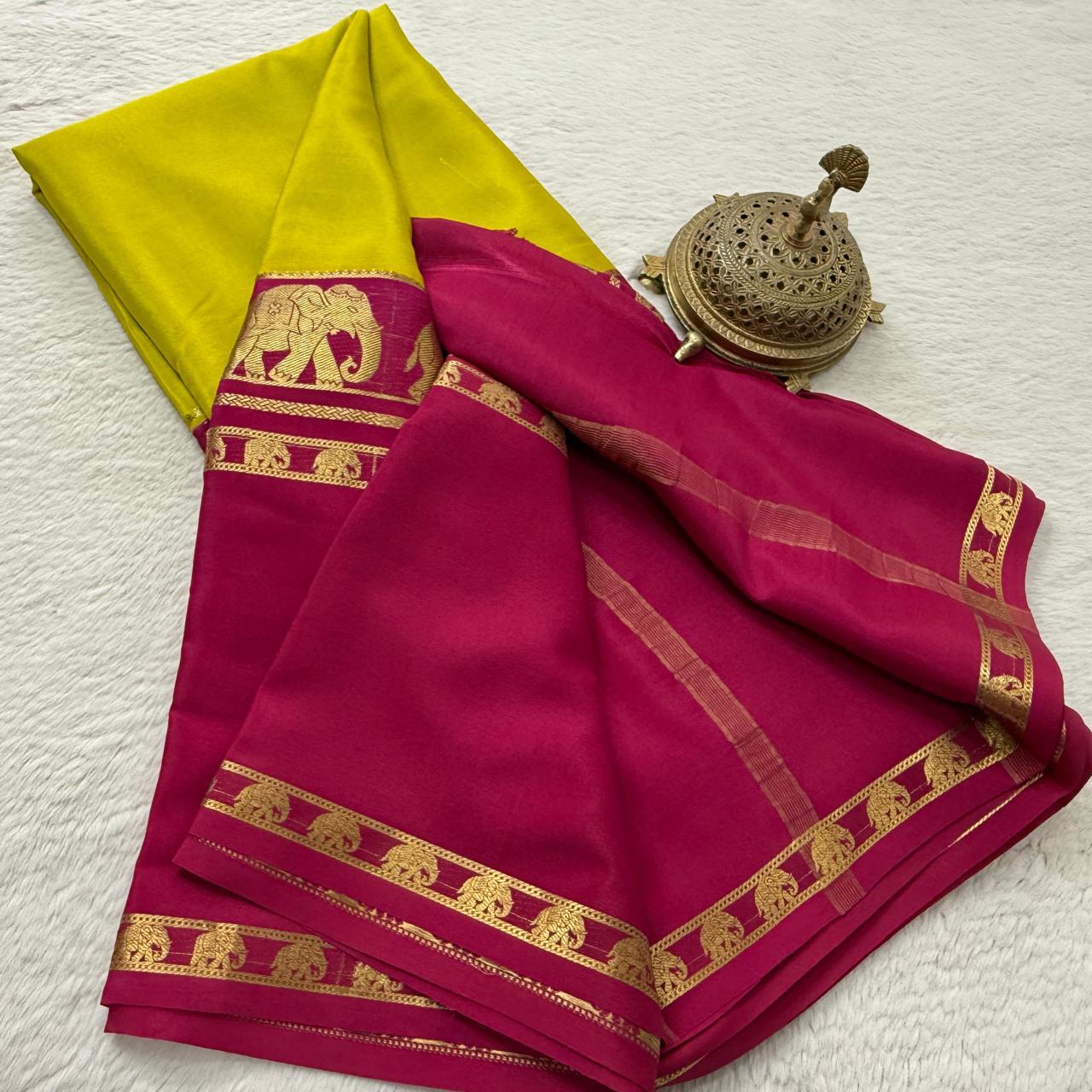 Semi-Crepe Silk Saree with Elephant Bentex Border | Contrast Color Designer Saree
