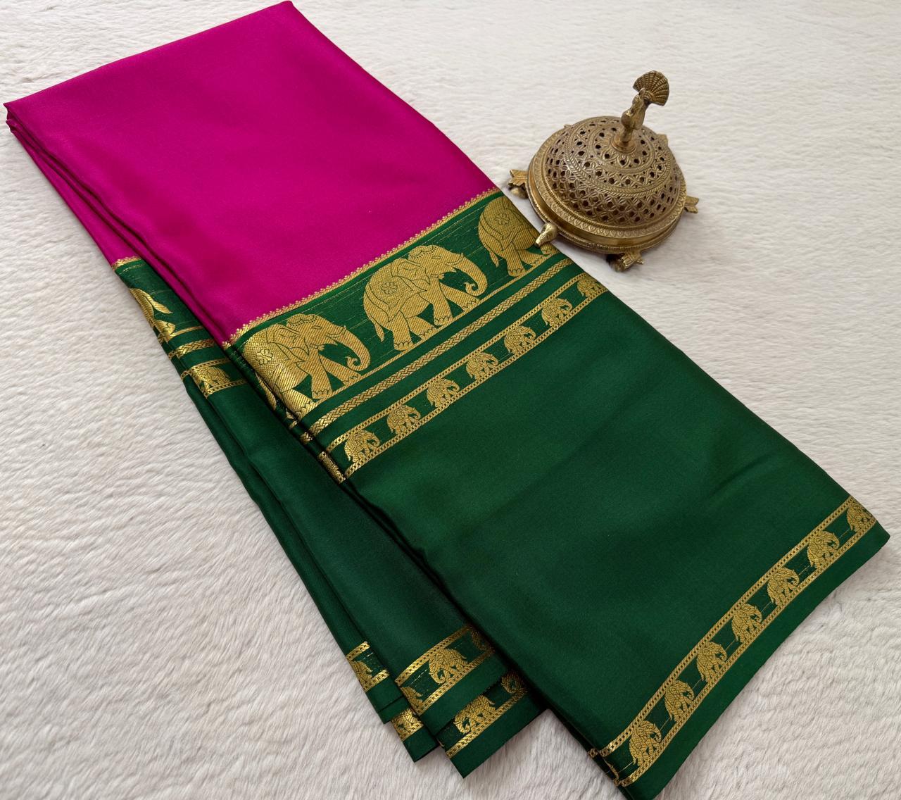 Semi-Crepe Silk Saree with Elephant Bentex Border | Contrast Color Designer Saree