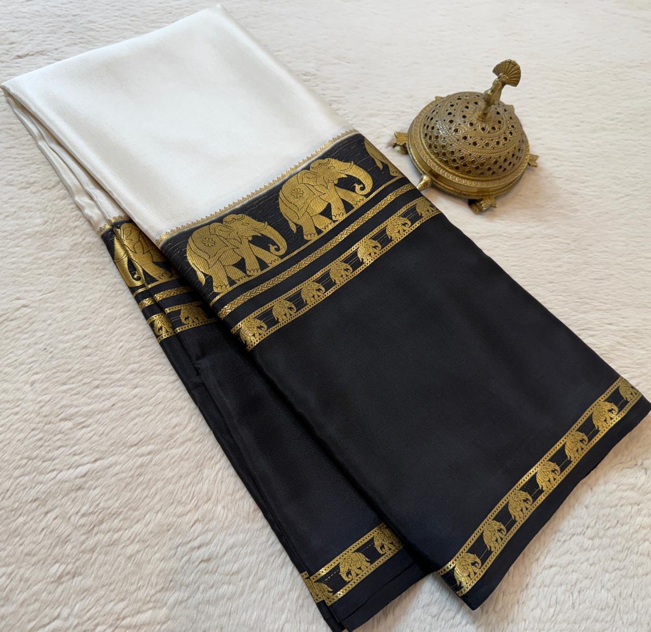 Semi-Crepe Silk Saree with Elephant Bentex Border | Contrast Color Designer Saree