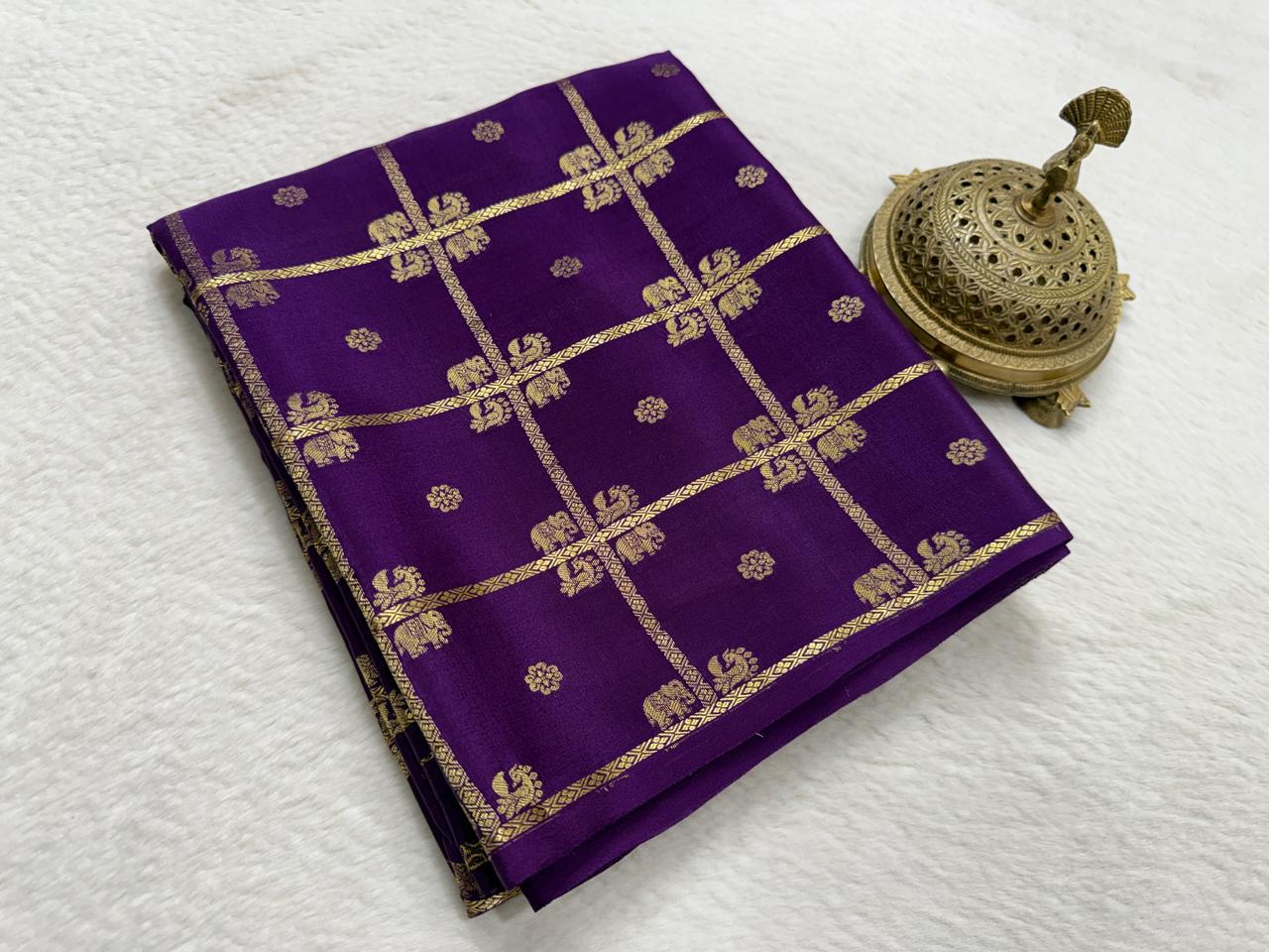 Exclusive Soft Silk Saree | Borderless Checks Pattern with Elephant & Peacock Buttas | Self Rich Pallu | 120 GSM | Women's Traditional Wear