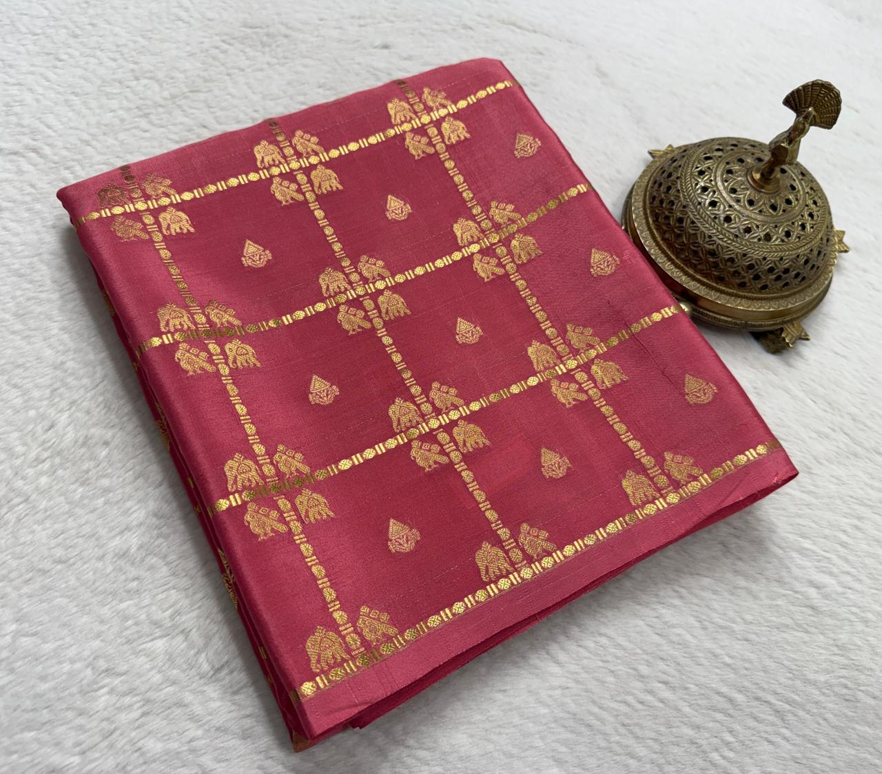 Exclusive Soft Silk Saree | Borderless Checks Pattern with Elephant & Peacock Buttas | Self Rich Pallu | 120 GSM | Women's Traditional Wear